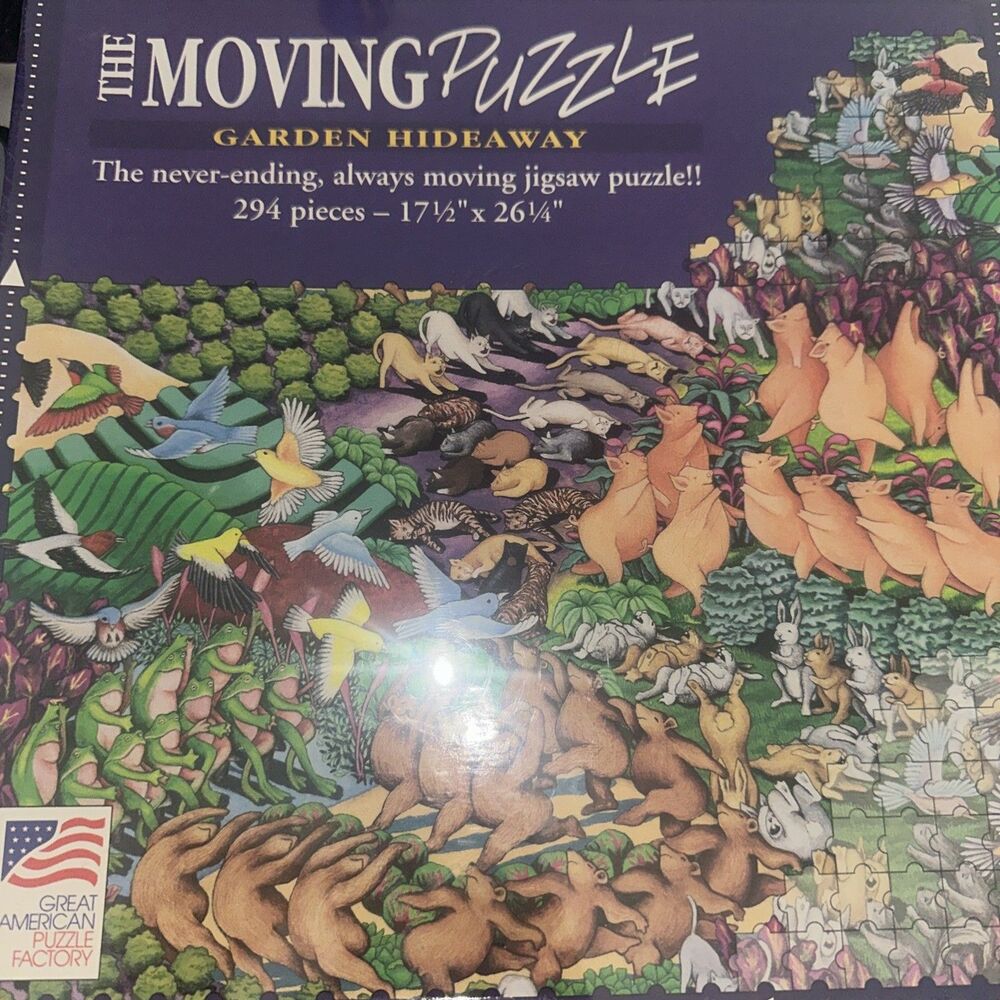 1994 The Moving Puzzle Garden Hideaway 294 Pieces Cats Pigs Frogs Birds Sealed